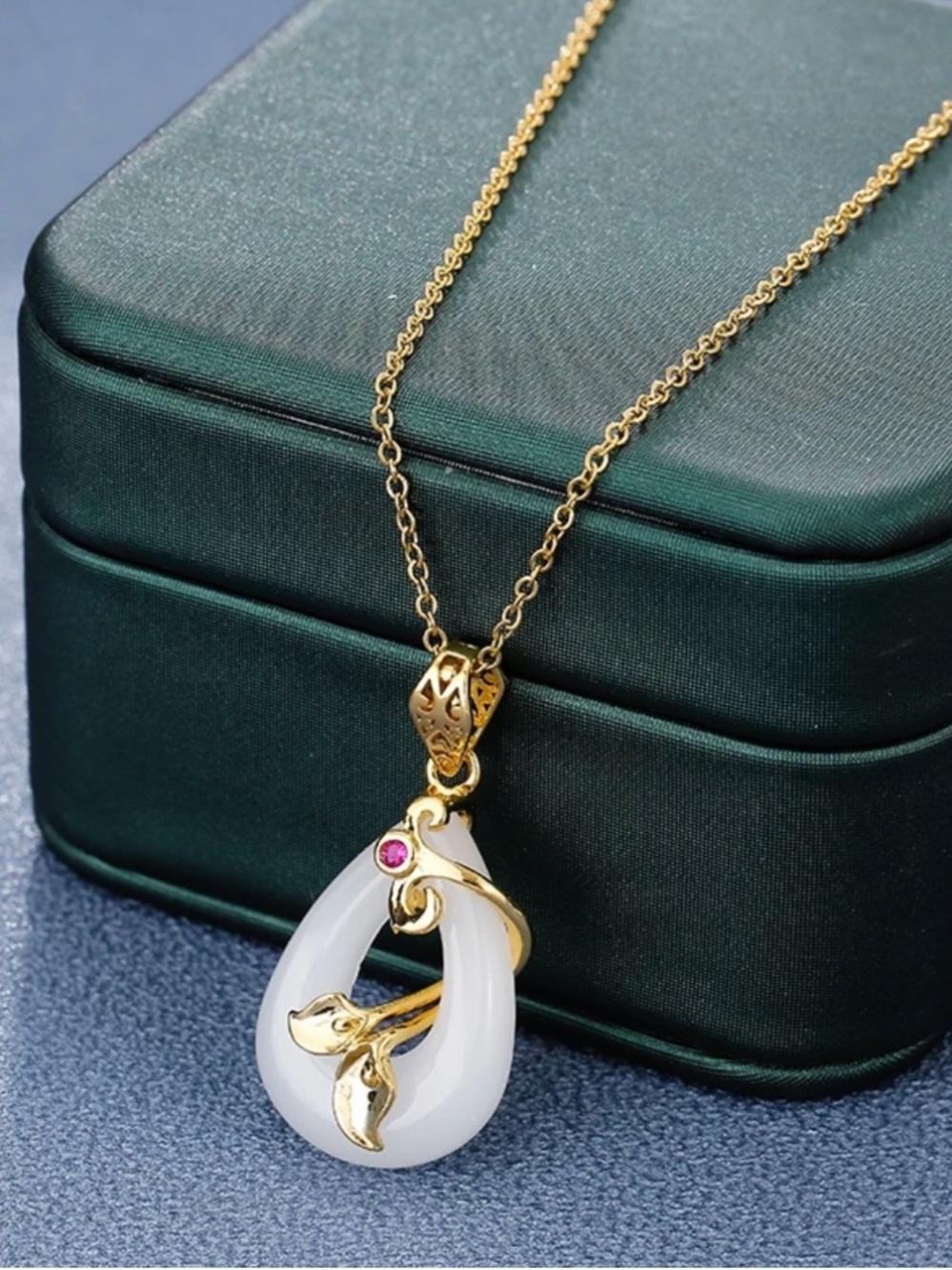 Gold & White Jade Teardrop Pendant Necklace with Pink Accent